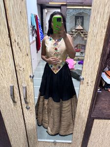 60 lines black chaniya golden mirror work blouse