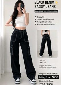 Brand New Black Baggy Cargo Denim Jeans | Deep Bla