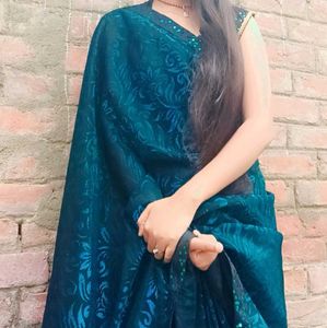 Teal Blue Saree with Embellished Border