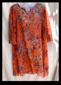sheer Vibrant Embroidered Orange Kurta