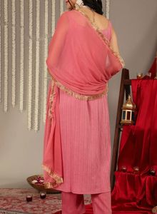 Pink silk crepe striped Kurta Set with Dupatta