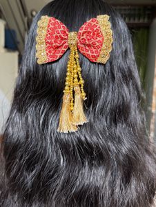 Red &amp; Gold Bow Hair Clip with Tassels