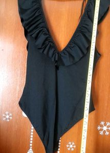 Zara Ruffled Plunging V-Neck Black Bodysuit /Swims