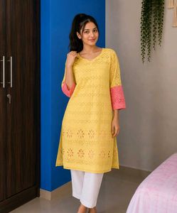 Yellow Chikankari Kurta with Pink Sleeves