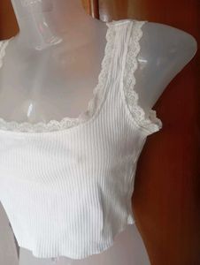 White Lace Trim Cropped Tank Top