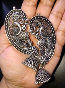 Oxidized Silver Ear Cuff Peacock Jhumka Earrings