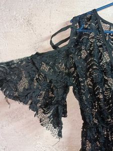 Black Lace Cold Shoulder Mini Dress Sheer