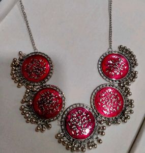 Exquisite Red &amp; Silver Necklace Set for Navratri