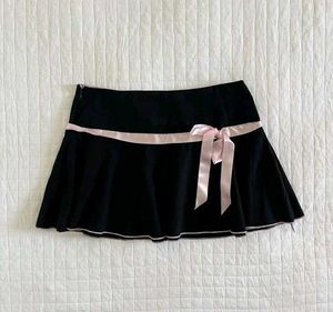y2k Black Mini Skirt with Pink Ribbon Bow