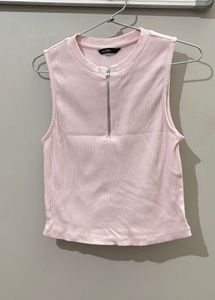 Pink Ribbed Zip-Neck Tank Top