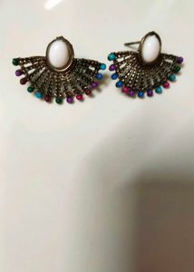Oxidised Silver Afghani Boho Fan Stud Earrings - W