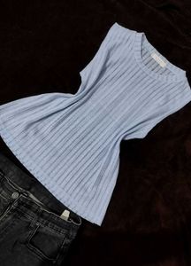 Cute Blue Ribbed Sleeveless Top