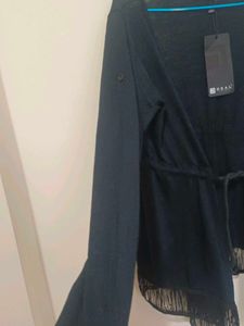 Black Open Front Cardigan with Tassels
