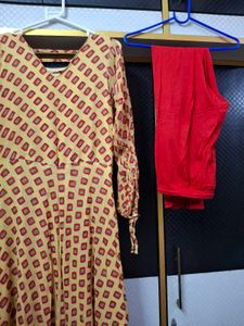 Yellow &amp; Red Printed Anarkali Kurta Set