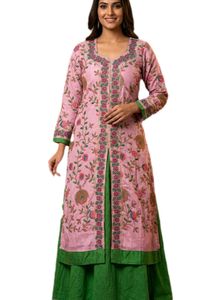 Embroidered Pink Kurta Set with Green Skirt