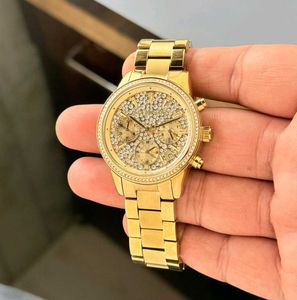 Gold Chronograph Watch with Rhinestones