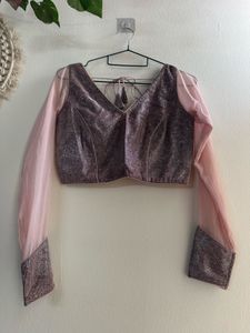 Sparkling V-Neck Blouse with Sheer Sleeves
