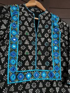 Black Printed Kurta with Blue Embroidery