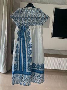 Off  shoulder Blue &amp; White Patterned  Dress