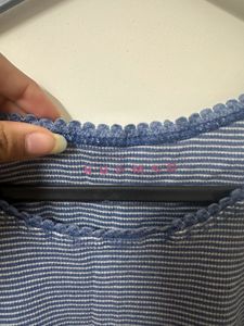 Blue Striped Blouse with Scalloped Trim