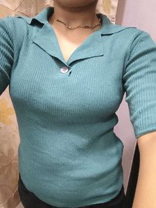 Teal Ribbed Collared Knit Top