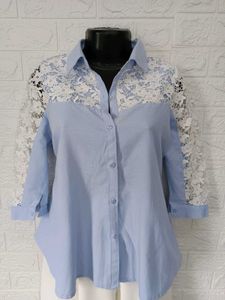 Sheer Lace Sleeve Baby Blue Button-Up Shirt