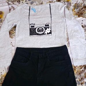Grey Long Sleeve offshoulder top with Camera Print