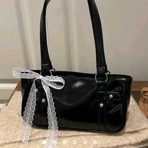 Chic Black Shoulder Bag with Lace Detail