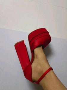Red Satin Platform Block Heels