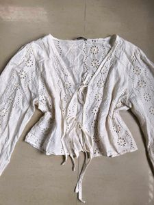 White Broderie Anglaise Tie-Front Blouse