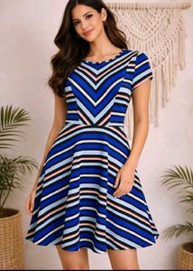 Blue Striped Zip-Front Mini Dress