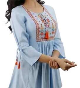 Light Blue Embroidered Tassel Kurta