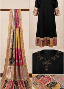 Festive Black Long Flared Kurti Set with Embroider