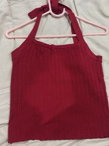 Red Ribbed Halter Neck Top