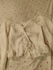 Sheer Sleeve Smocked Crop Top