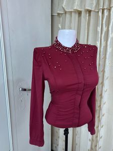 Beaded Collar Long Sleeve Top