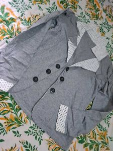 Gray Double-Breasted Blazer with Polka Dot Accents