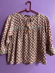 Boho Print Tassel Tie Blouse