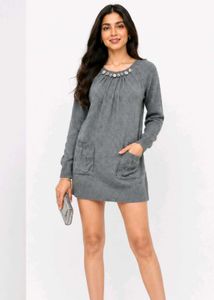 Gray Knit Sweater Dress with Embellished Neckline