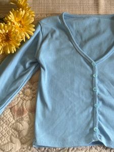 Baby Blue Ribbed Button-Up Top
