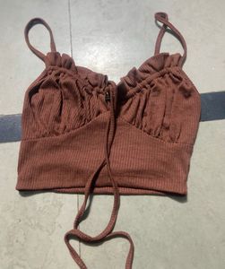 Brown Ribbed Cropped Top with Tie Detail