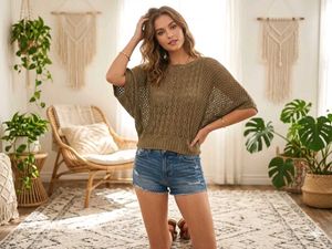 🎁Boho Olive Green Crochet Top C