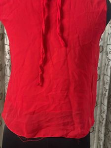 Red Embellished Neckline Sleeveless Blouse