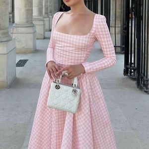Chic Pink Gingham Square Neck Dress