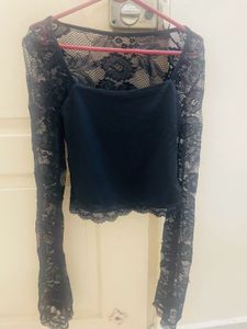 Black Lace Trimmed Long Sleeve Top
