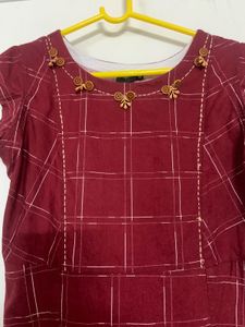 Maroon Checked Cotton A-Line Ethnic Dress