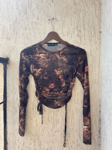 Sheer Mesh Ruched Long Sleeve Top