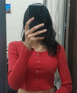Red Ribbed Button-Up Crop Top