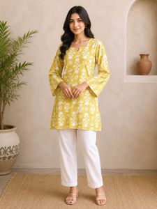 Yellow Floral Print short kurti