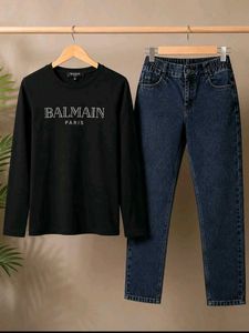 Balmain Paris Black T-Shirt and Jeans Set